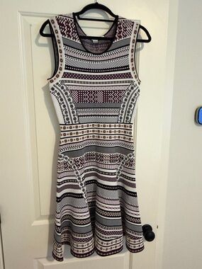 Sleeveless Patterned Fit & Flare Dress in White and Burgundy